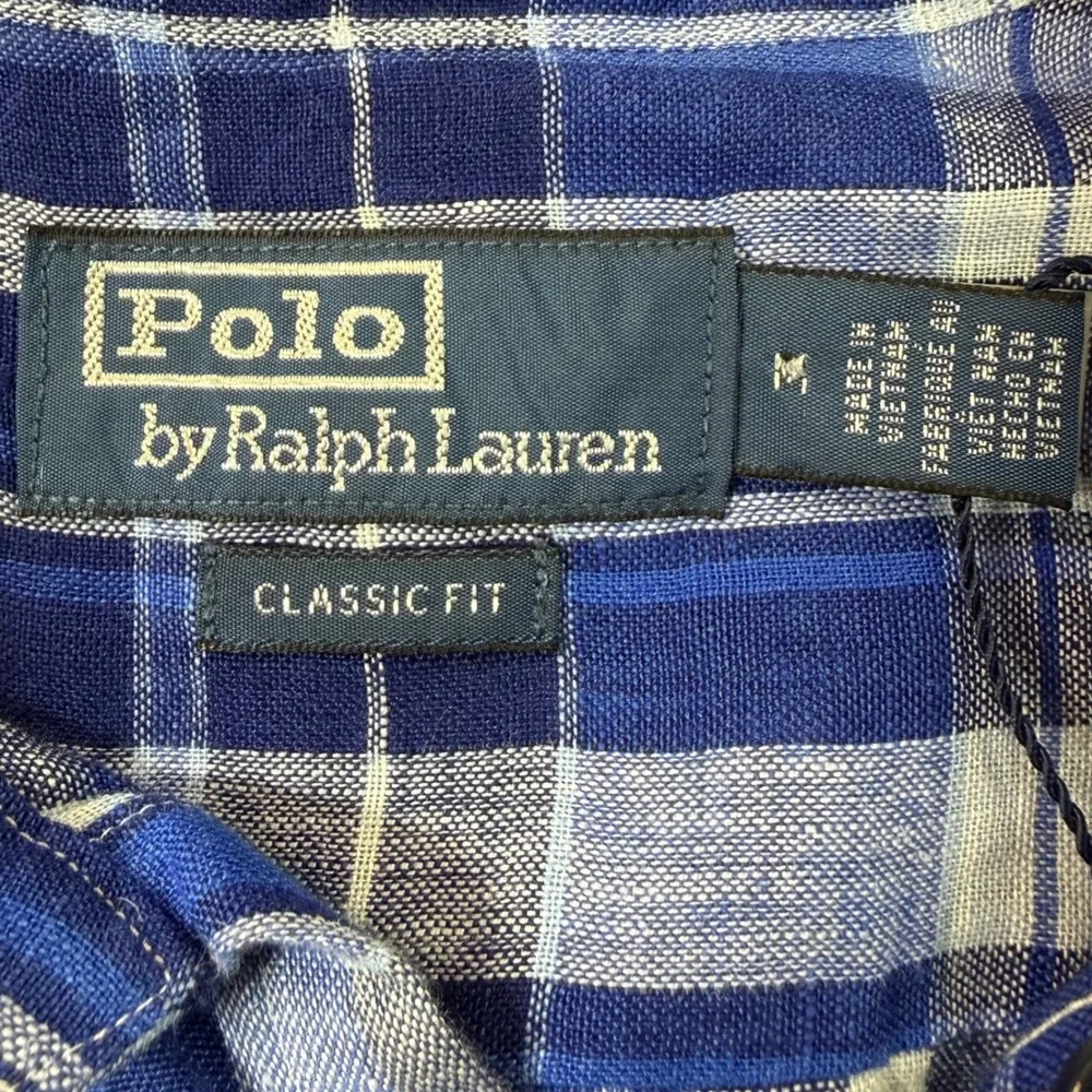 Polo Ralph Lauren Button Down Shirt Mens Medium Blue Plaid Linen Classic Fit